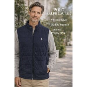 Polo Ralph Lauren Mens XL Navy Blue Quilted Cotton Full Zip Mock Neck Vest